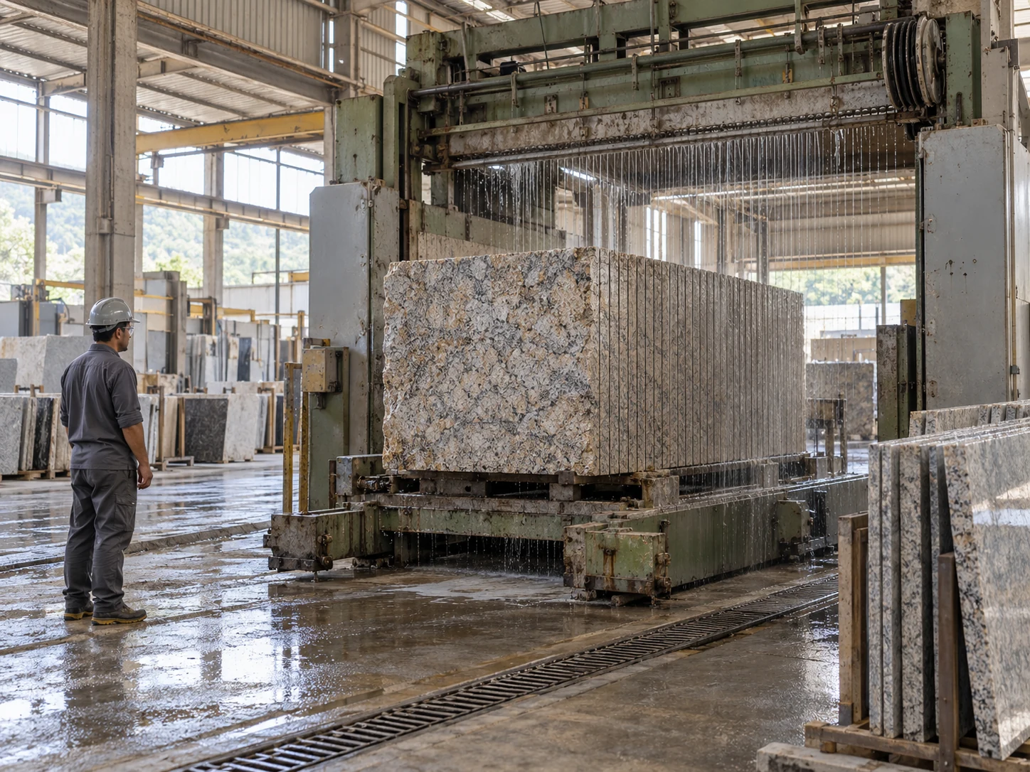 Bloco de granito em equipamento de desdobramento em uma indústria de beneficiamento.
